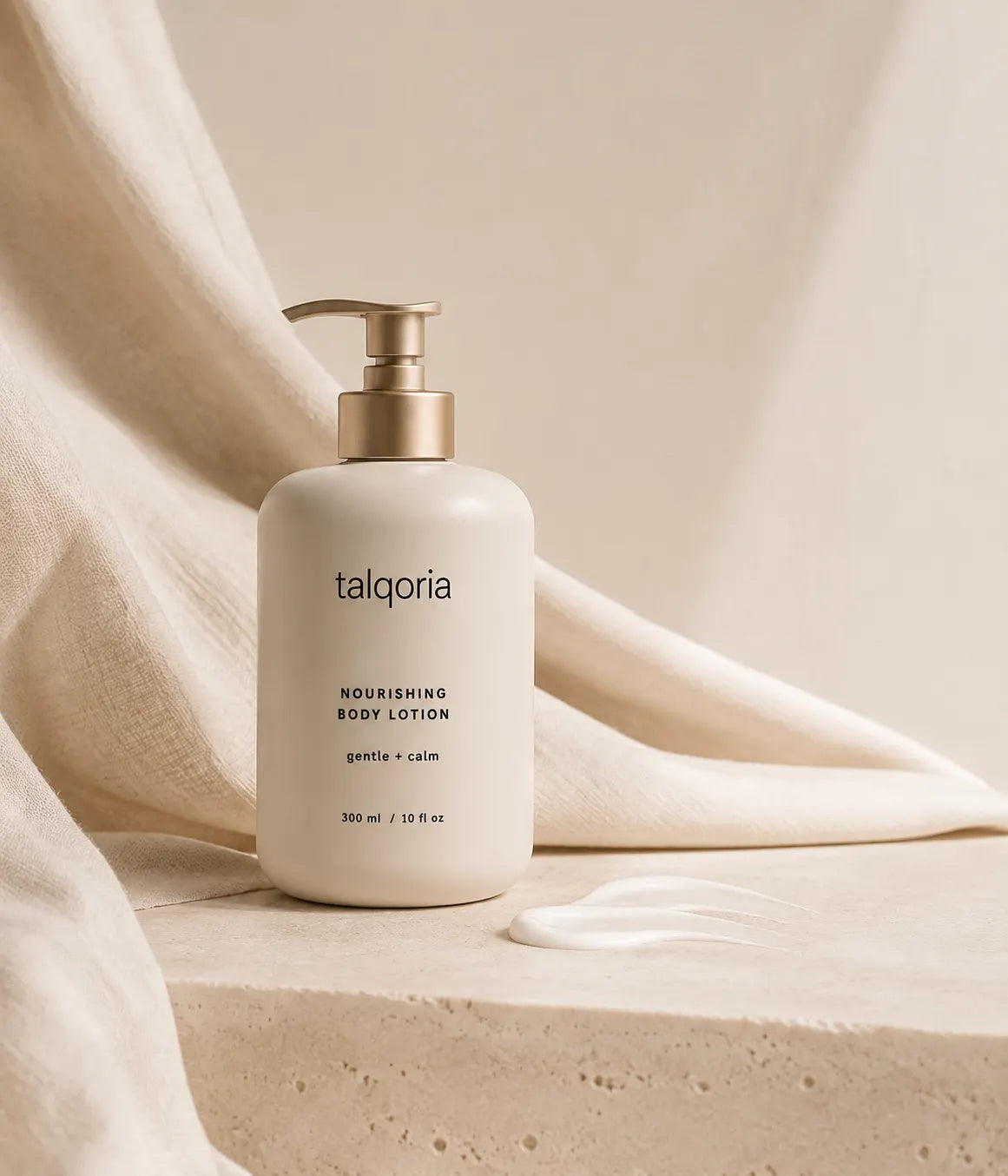 A bottle of talqoria Nourishing Body Lotion in a warm off-white color with a metallic gold pump, styled on a textured stone surface with draped beige fabric and a dollop of white lotion nearby.