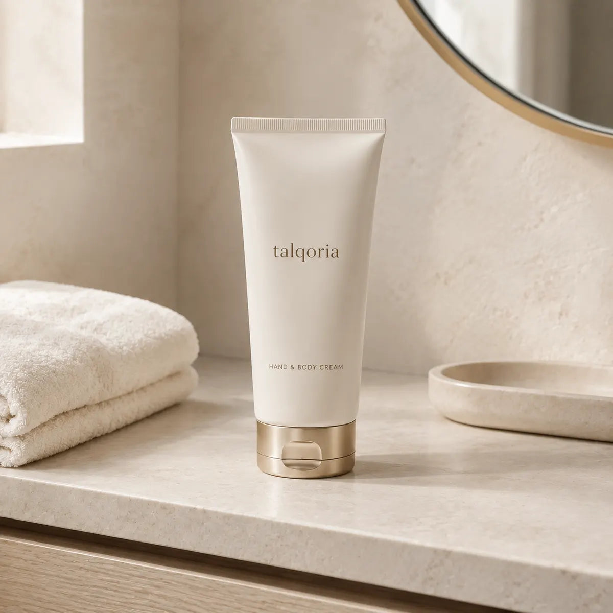 A tube of talqoria hand and body cream stands on a light stone bathroom counter, with a folded white towel on the left and a round soap dish on the right.