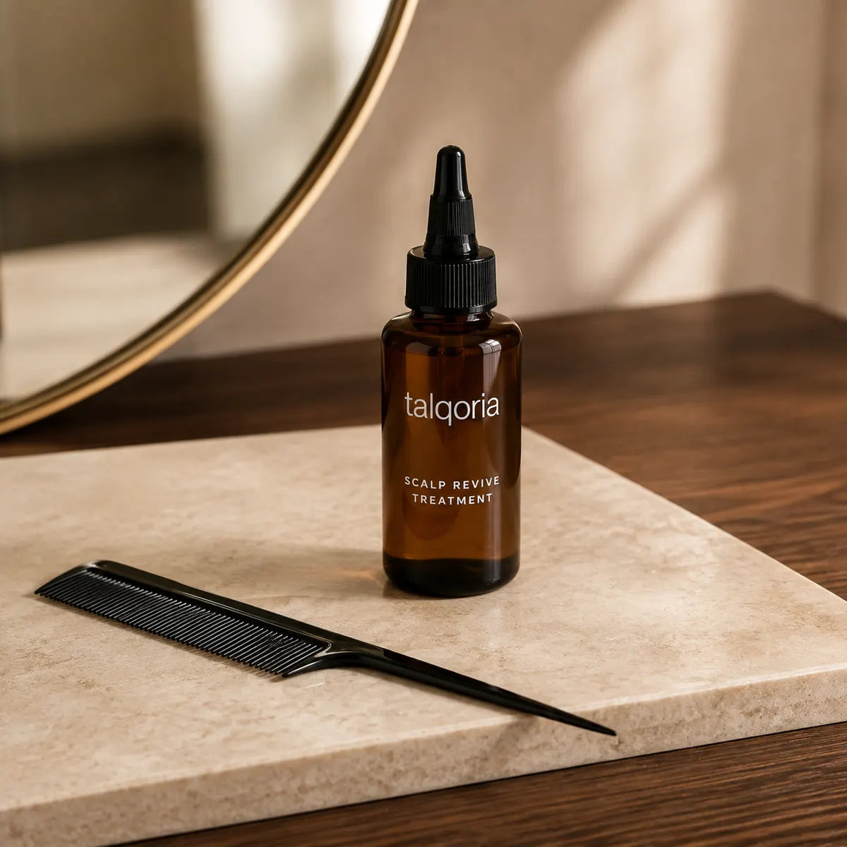 A small amber glass dropper bottle labeled talqoria Scalp Revive Treatment stands on a beige stone slab on a wooden surface, with a black comb in front and a round mirror in the softly lit background.