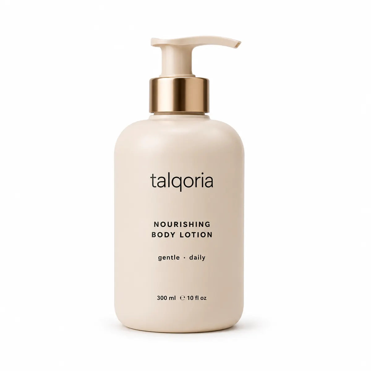 A 300 ml pump bottle of talqoria Nourishing Body Lotion in a warm cream color with a metallic gold collar and a matching cream pump dispenser, set against a plain white background.