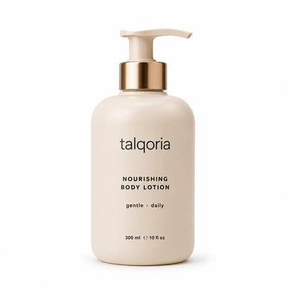 A 300 ml pump bottle of talqoria Nourishing Body Lotion in a warm cream color with a metallic gold collar and a matching cream pump dispenser, set against a plain white background.