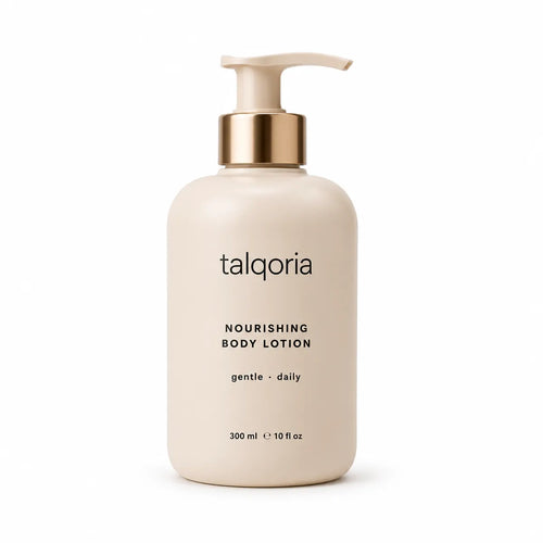 A 300 ml pump bottle of talqoria Nourishing Body Lotion in a warm cream color with a metallic gold collar and a matching cream pump dispenser, set against a plain white background.