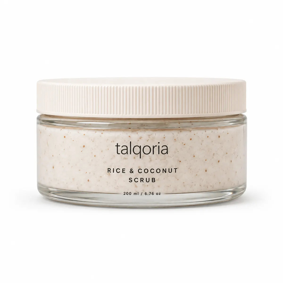 A clear glass jar of talqoria Rice & Coconut Scrub with a cream-colored ribbed screw cap, set against a plain white background.
