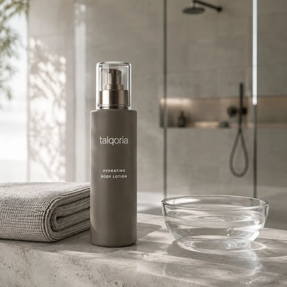 A tall taupe-gray pump bottle of talqoria Hydrating Body Lotion stands on a marble bathroom counter next to a folded gray towel and a clear glass bowl, with a softly blurred modern shower background.