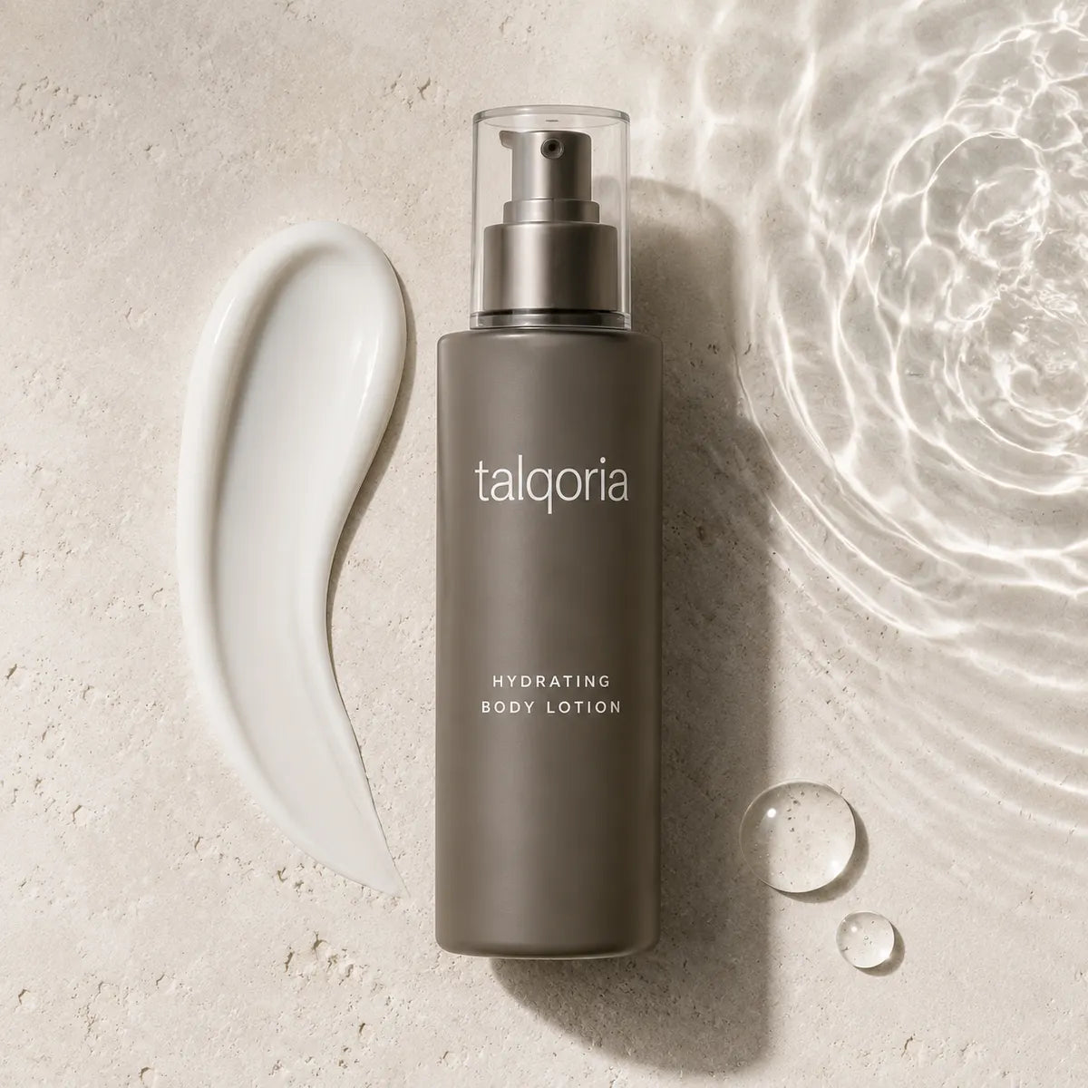 A bottle of talqoria Hydrating Body Lotion in a matte taupe-gray color, styled on a textured beige surface with a white cream smear, water droplets, and a water ripple graphic.