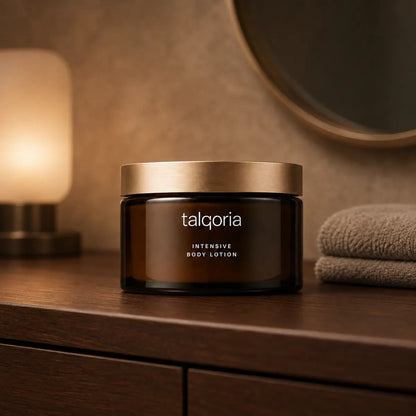 A dark amber glass jar of talqoria Intensive Body Lotion with a metallic gold lid, sitting on a dark wooden vanity table next to a lit lamp and a folded towel.