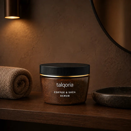 A jar of talqoria Coffee & Shea Scrub sits on a dark wooden shelf in a warm, spa-like setting with a rolled towel and a stone dish nearby.