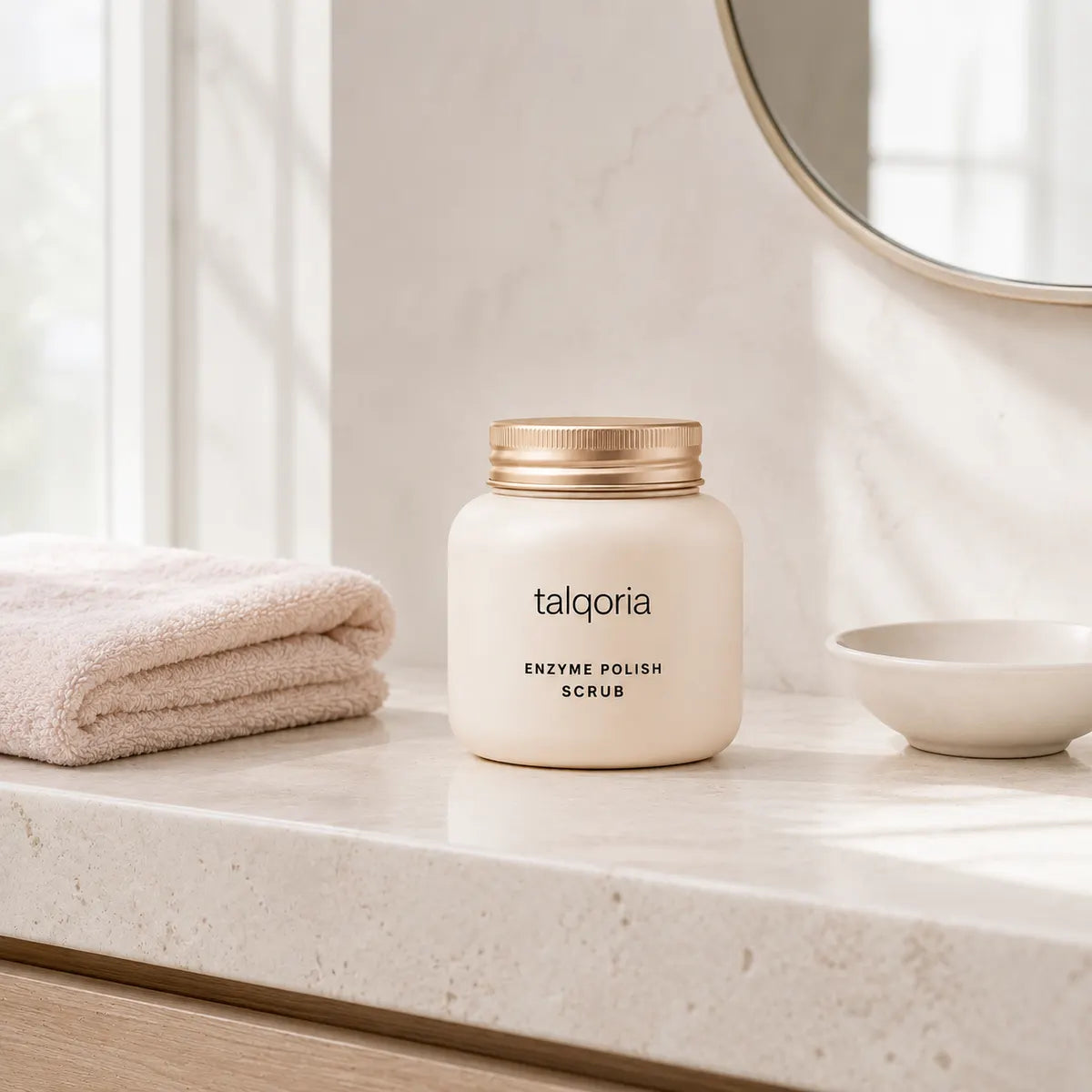 A jar of talqoria Enzyme Polish Scrub sits on a light marble bathroom counter next to a folded beige towel and a small white bowl, with a soft window light in the background.