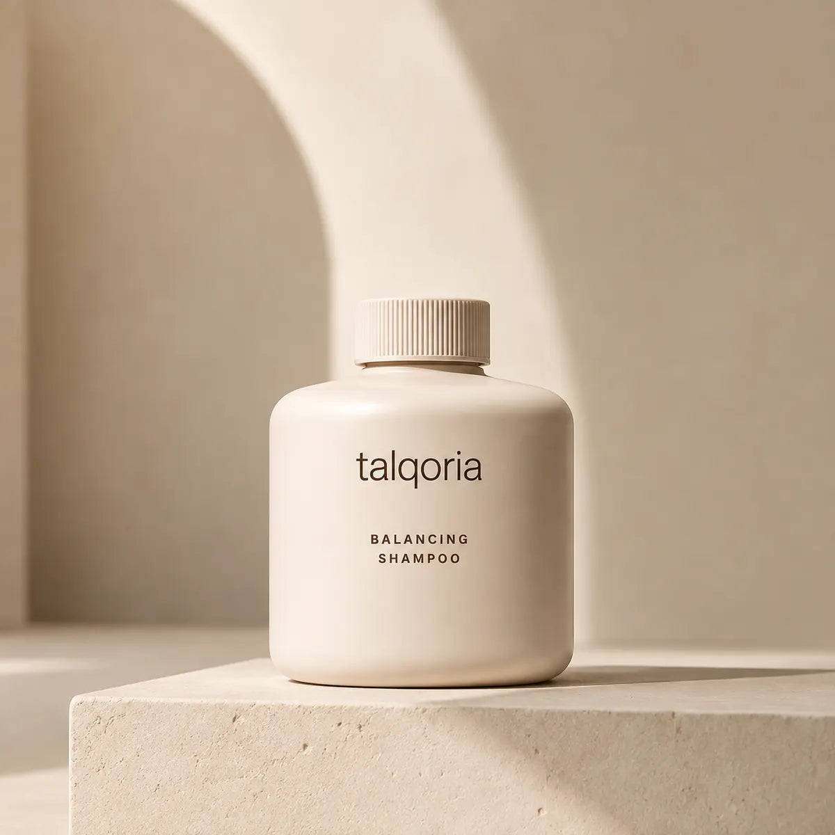 A bottle of talqoria Balancing Shampoo in a warm off-white color, displayed on a matching stone pedestal against a minimalist beige background with soft architectural shadows.
