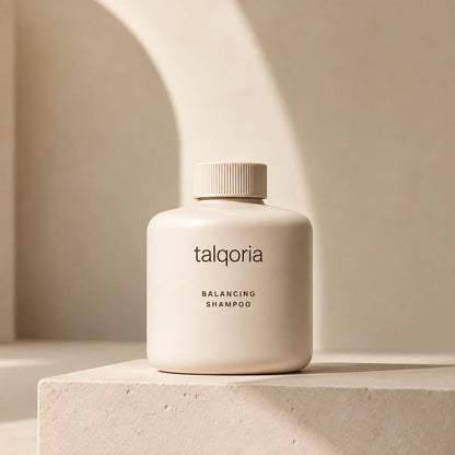A bottle of talqoria Balancing Shampoo in a warm off-white color, displayed on a matching stone pedestal against a minimalist beige background with soft architectural shadows.