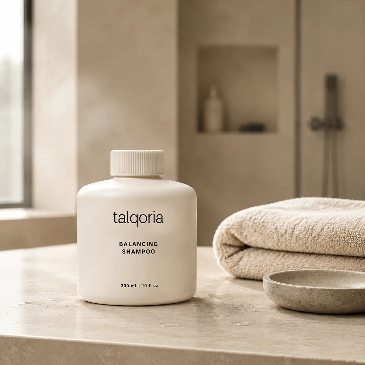 A white bottle of talqoria Balancing Shampoo sits on a beige stone bathroom counter next to a folded beige towel and a small stone dish.