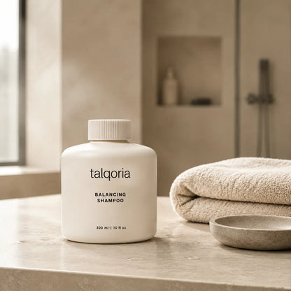 A white bottle of talqoria Balancing Shampoo sits on a beige stone bathroom counter next to a folded beige towel and a small stone dish.