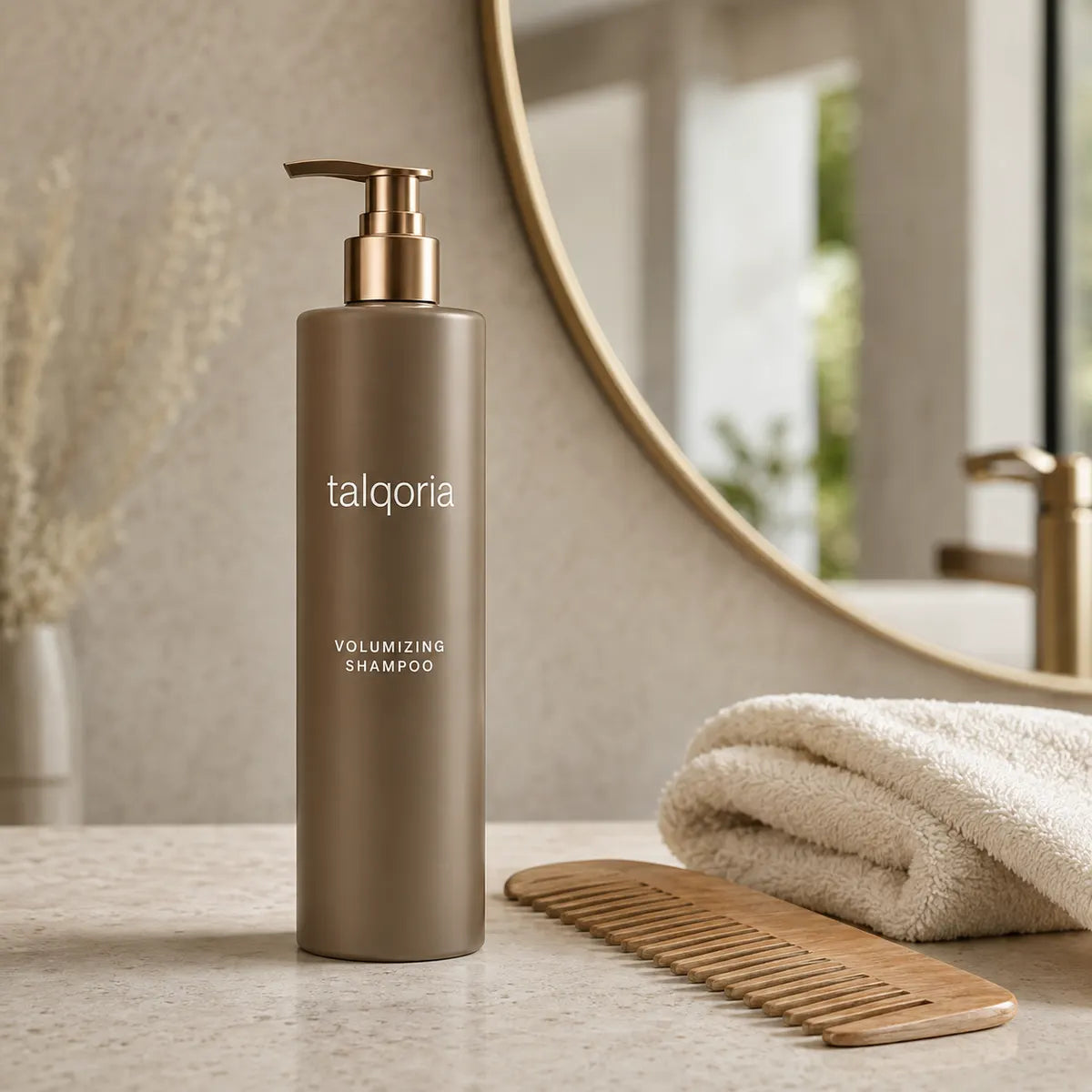 A bottle of talqoria Volumizing Shampoo stands on a bathroom counter next to a wooden comb and a folded towel, with a round mirror and gold faucet in the background.