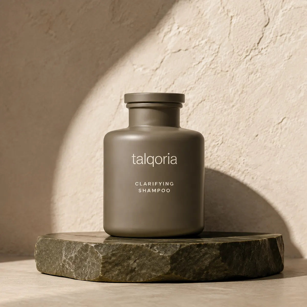 A matte taupe-gray bottle of talqoria Clarifying Shampoo sits on a dark stone slab against a textured beige wall with dramatic diagonal shadows.
