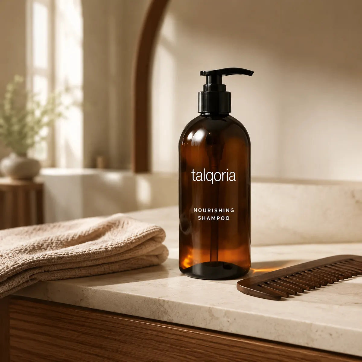 A bottle of talqoria Nourishing Shampoo stands on a marble bathroom counter next to a folded beige towel and a wooden comb, with a softly blurred warm-toned bathroom interior in the background.