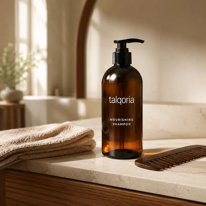 A bottle of talqoria Nourishing Shampoo stands on a marble bathroom counter next to a folded beige towel and a wooden comb, with a softly blurred warm-toned bathroom interior in the background.