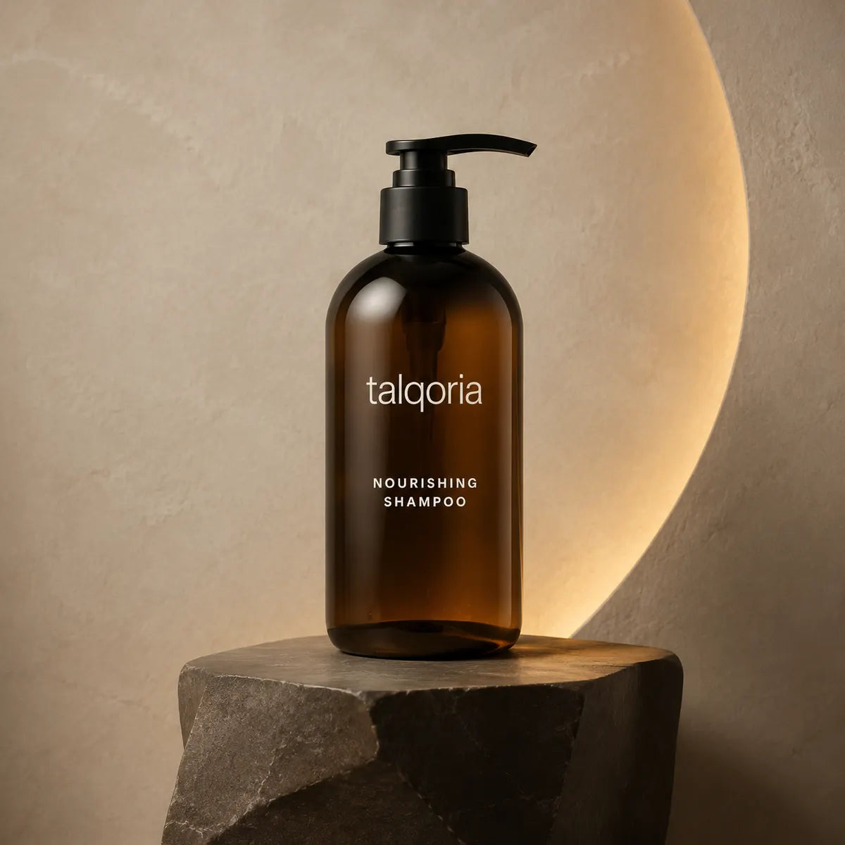 A bottle of talqoria Nourishing Shampoo in an amber glass bottle with a black pump dispenser, displayed on a dark stone pedestal against a textured beige wall with a warm spotlight.