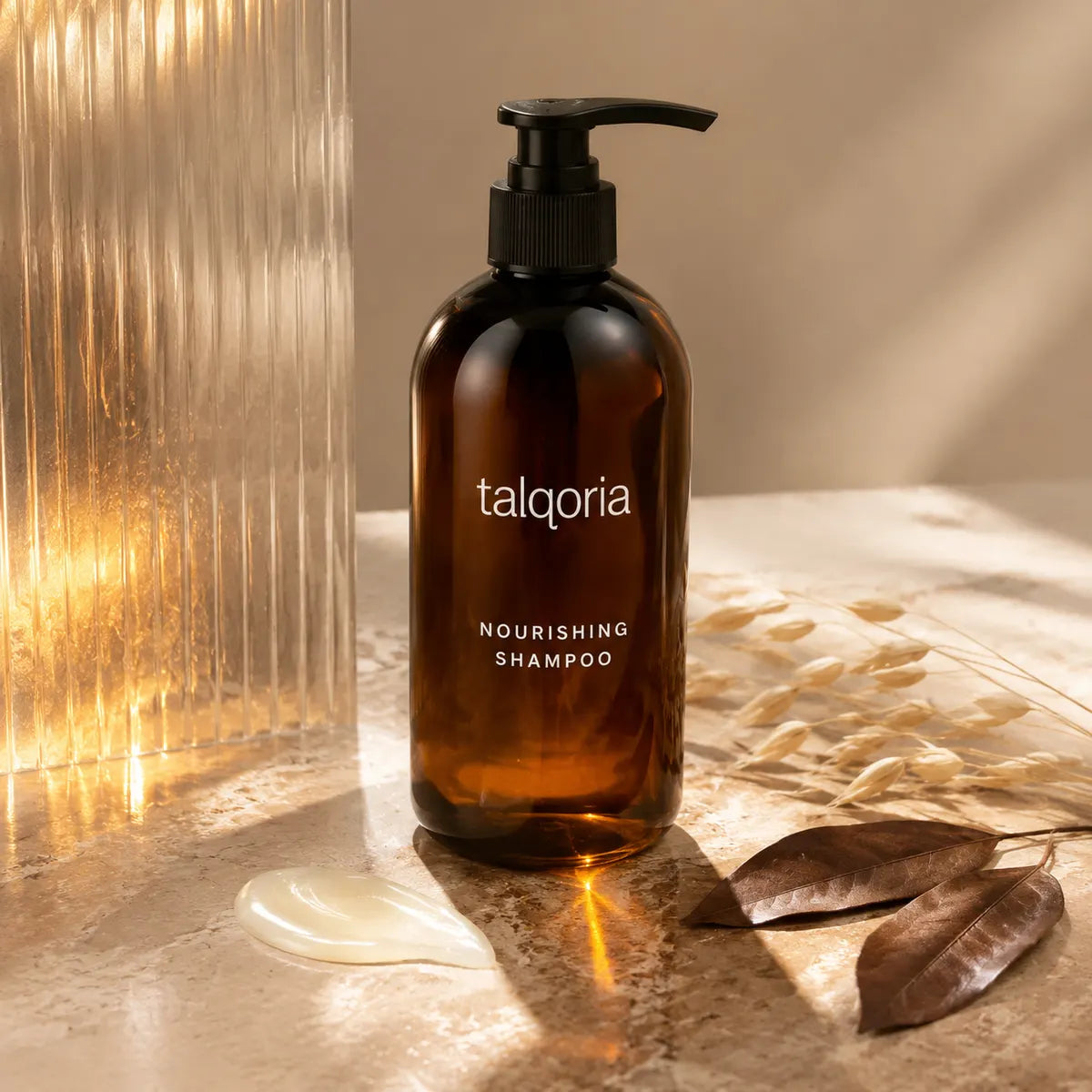 A bottle of talqoria Nourishing Shampoo in an amber glass bottle with a black pump, styled on a stone surface with dried leaves, a glass vase, and a dollop of white shampoo cream under warm sunlight.