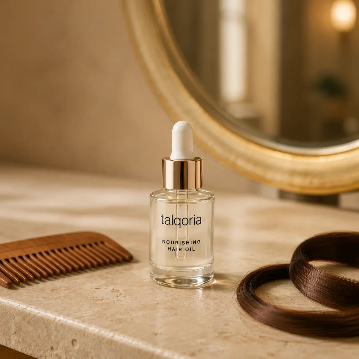A bottle of talqoria Nourishing Hair Oil with a white dropper cap, set on a marble countertop next to a wooden comb and a bundle of dark brown hair, with a gold-framed mirror in the background.