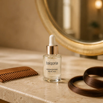 A bottle of talqoria Nourishing Hair Oil with a white dropper cap, set on a marble countertop next to a wooden comb and a bundle of dark brown hair, with a gold-framed mirror in the background.