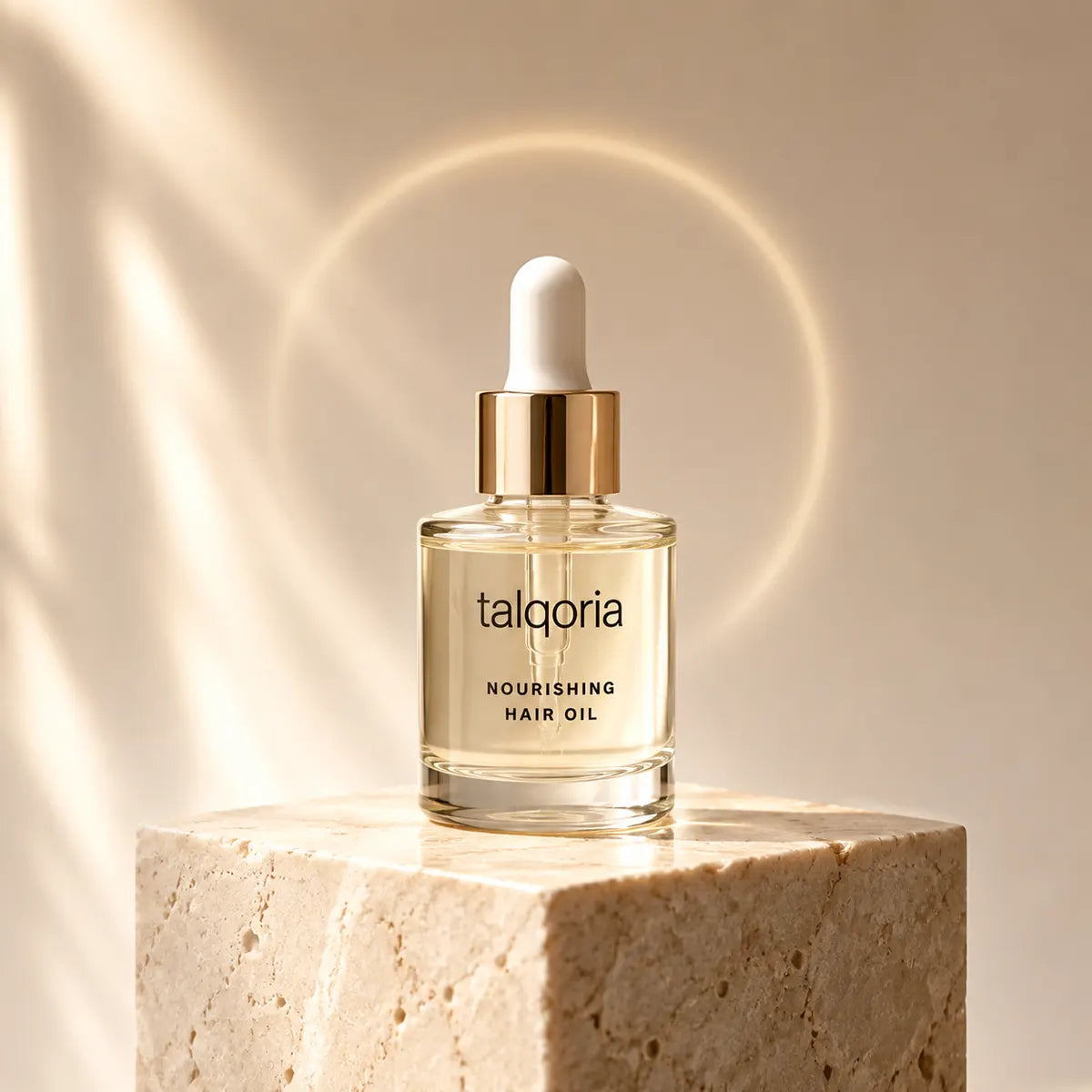A bottle of talqoria Nourishing Hair Oil with a gold collar and white dropper cap, displayed on a textured beige stone pedestal against a warm beige background with soft light rays and a glowing ring effect.
