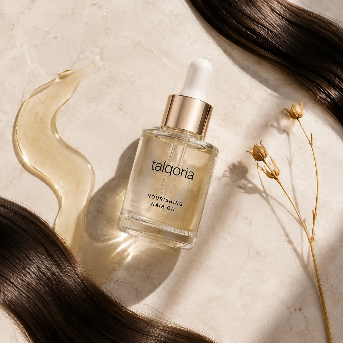 A bottle of talqoria Nourishing Hair Oil with a gold cap and white dropper, styled on a light marble surface with dark hair strands and dried flowers.
