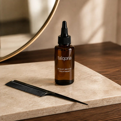 A small amber glass dropper bottle labeled talqoria Scalp Revive Treatment stands on a beige stone slab on a wooden surface, with a black comb in front and a round mirror in the softly lit background.