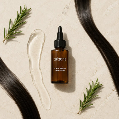 A bottle of talqoria Scalp Revive Treatment centered on a light beige stone background, surrounded by dark hair strands, rosemary sprigs, and a clear gel smear.