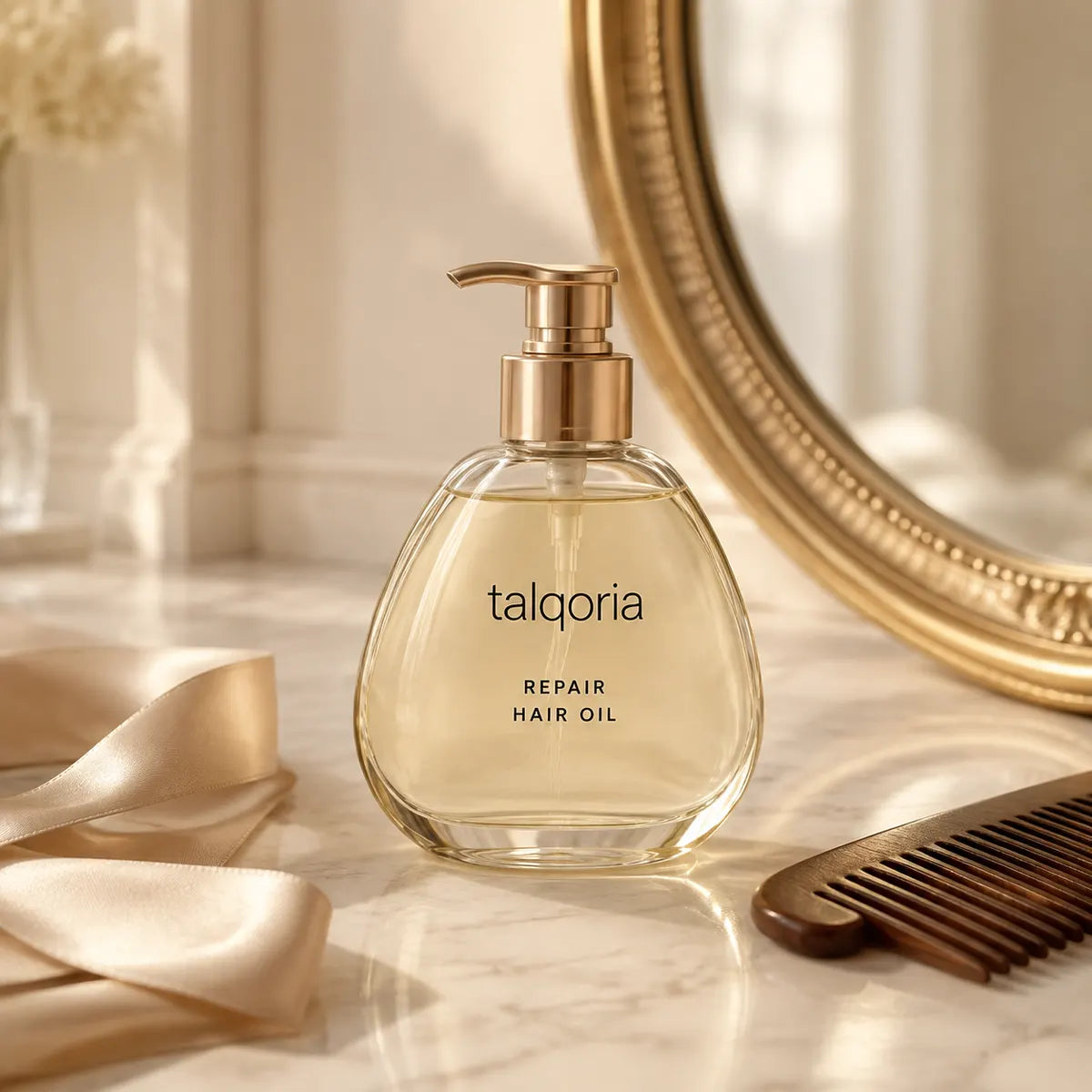 A bottle of talqoria Repair Hair Oil with a gold pump dispenser, set on a marble surface with a gold mirror, satin ribbon, and wooden comb in a warm, elegant setting.