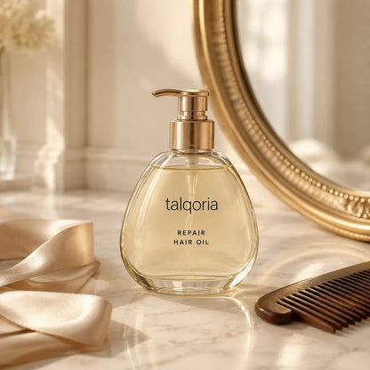 A bottle of talqoria Repair Hair Oil with a gold pump dispenser, set on a marble surface with a gold mirror, satin ribbon, and wooden comb in a warm, elegant setting.