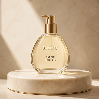 A bottle of talqoria Repair Hair Oil with a gold pump dispenser, set on a round white marble pedestal with a gold rim against a beige marble background with soft shadows.