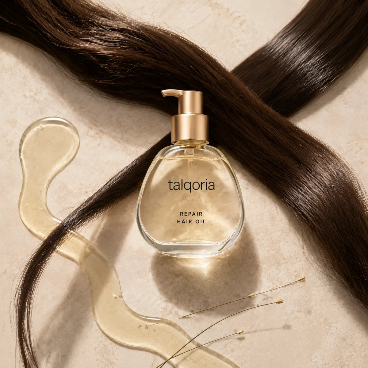 A bottle of Talqoria Repair Hair Oil with a gold pump, styled on a beige stone surface with a smear of oil, a lock of dark brown hair, and dried grass stems.