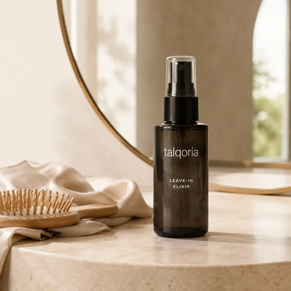 A dark amber glass spray bottle labeled 'talqoria LEAVEN ELIXIR' standing on a light stone surface, with draped fabric, a wooden hairbrush, and a softly blurred bathroom-style interior in the background.