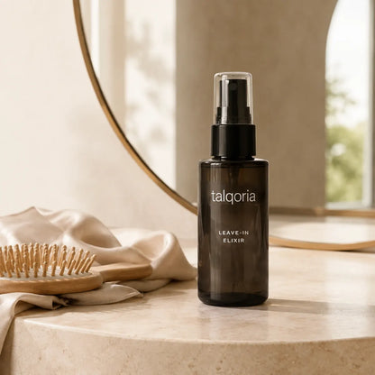 A dark amber glass spray bottle labeled 'talqoria LEAVEN ELIXIR' standing on a light stone surface, with draped fabric, a wooden hairbrush, and a softly blurred bathroom-style interior in the background.