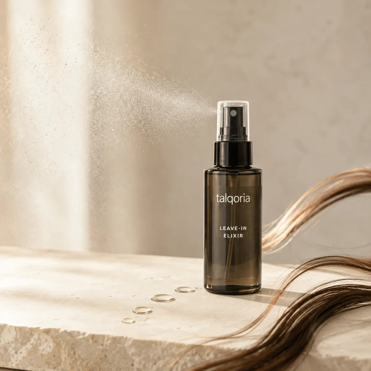 A dark amber glass spray bottle labeled 'talqoria LEAVE-IN ELIXIR' standing on a light stone surface with water droplets and strands of brown hair around it, against a softly lit beige background with mist rising from the spray.