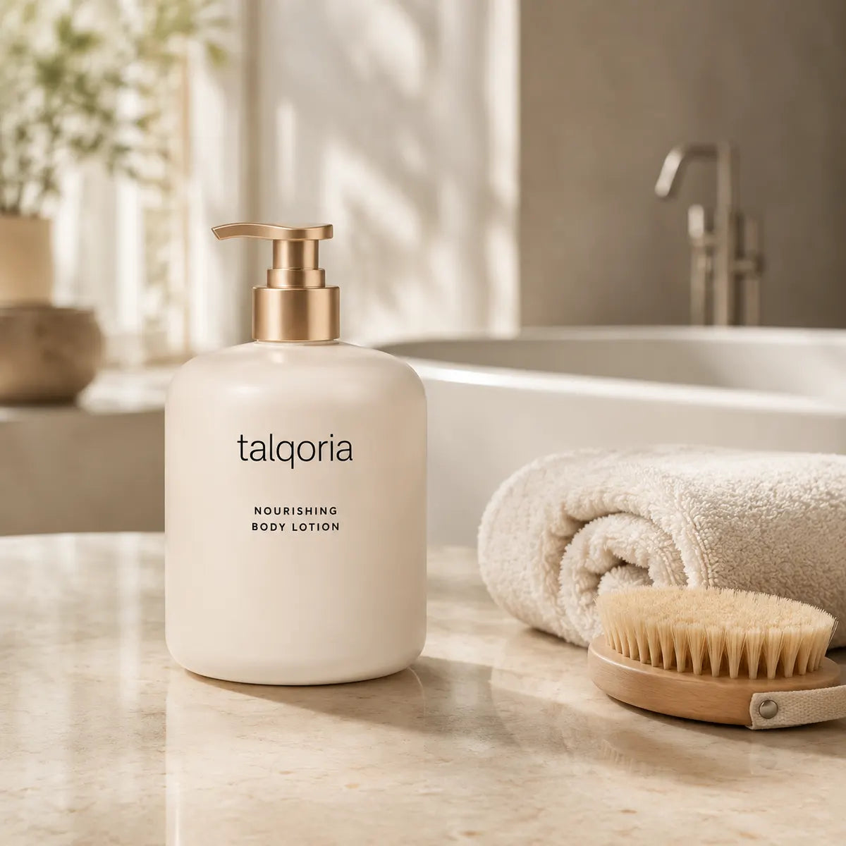 A bottle of talqoria Nourishing Body Lotion sits on a marble bathroom counter next to a rolled towel and a wooden bath brush, with a bathtub and faucet blurred in the background.