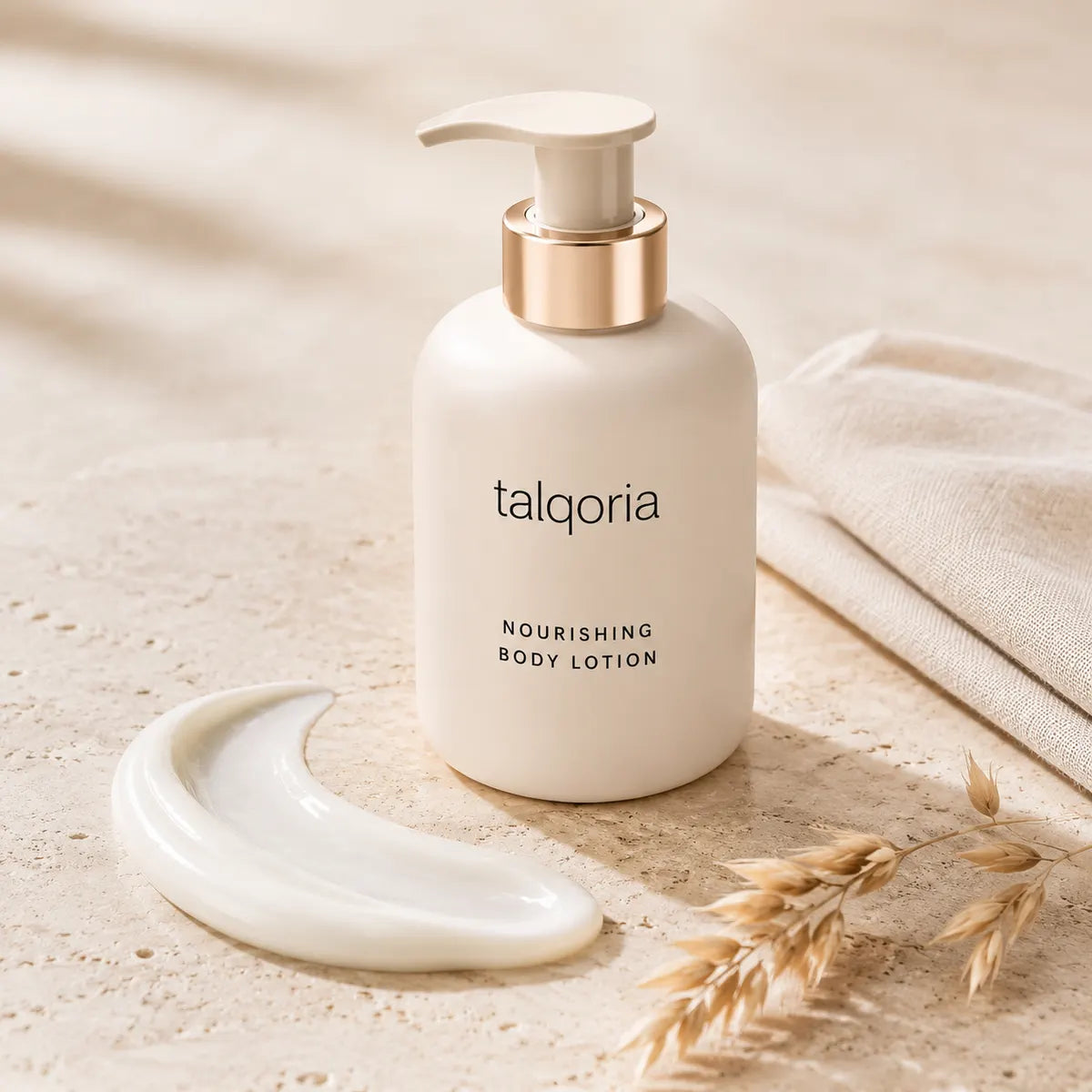 A bottle of talqoria Nourishing Body Lotion in a matte off-white color with a metallic gold collar and cream pump, styled on a textured beige stone surface with a dollop of lotion and dried wheat stalks.